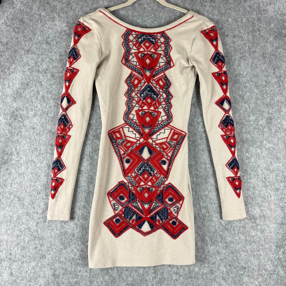 Free People Boho Bodycon Dress Womens XS Embroidered Mesh Aztec Tribal Artsy